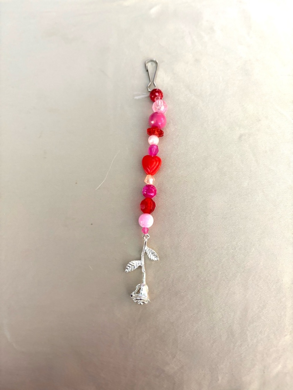 Handmade Beaded Heart and Rose Charm Keychain - Pink & Red. New.